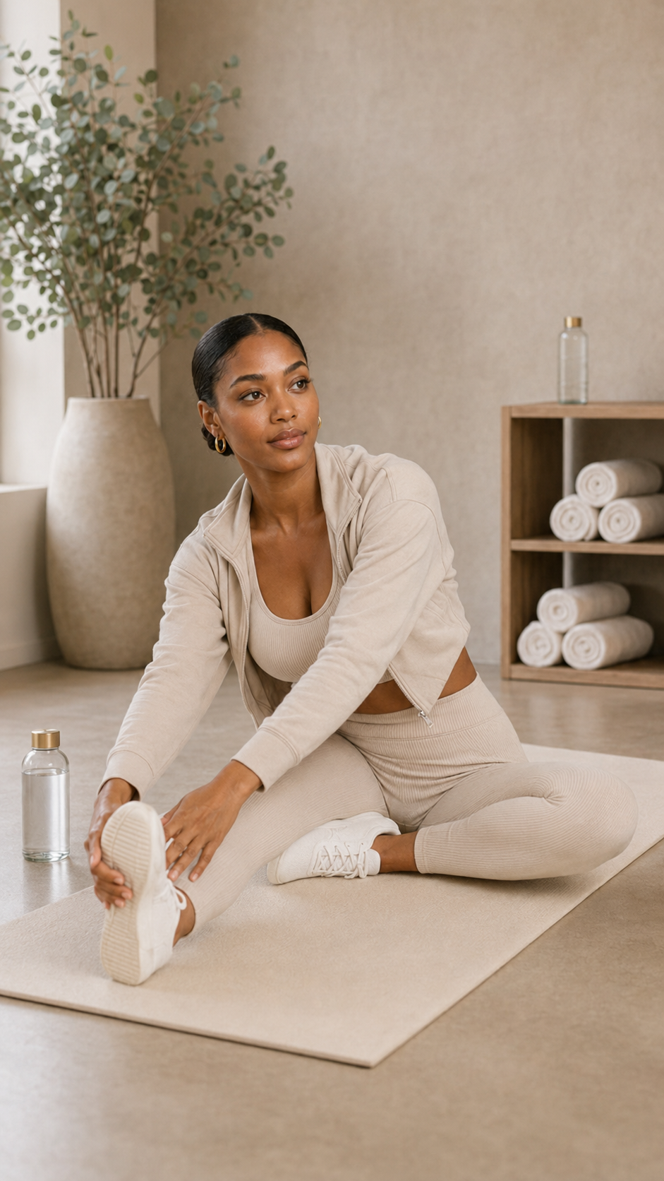 Naomi Vale stretching on a cream yoga mat in a wellness studio