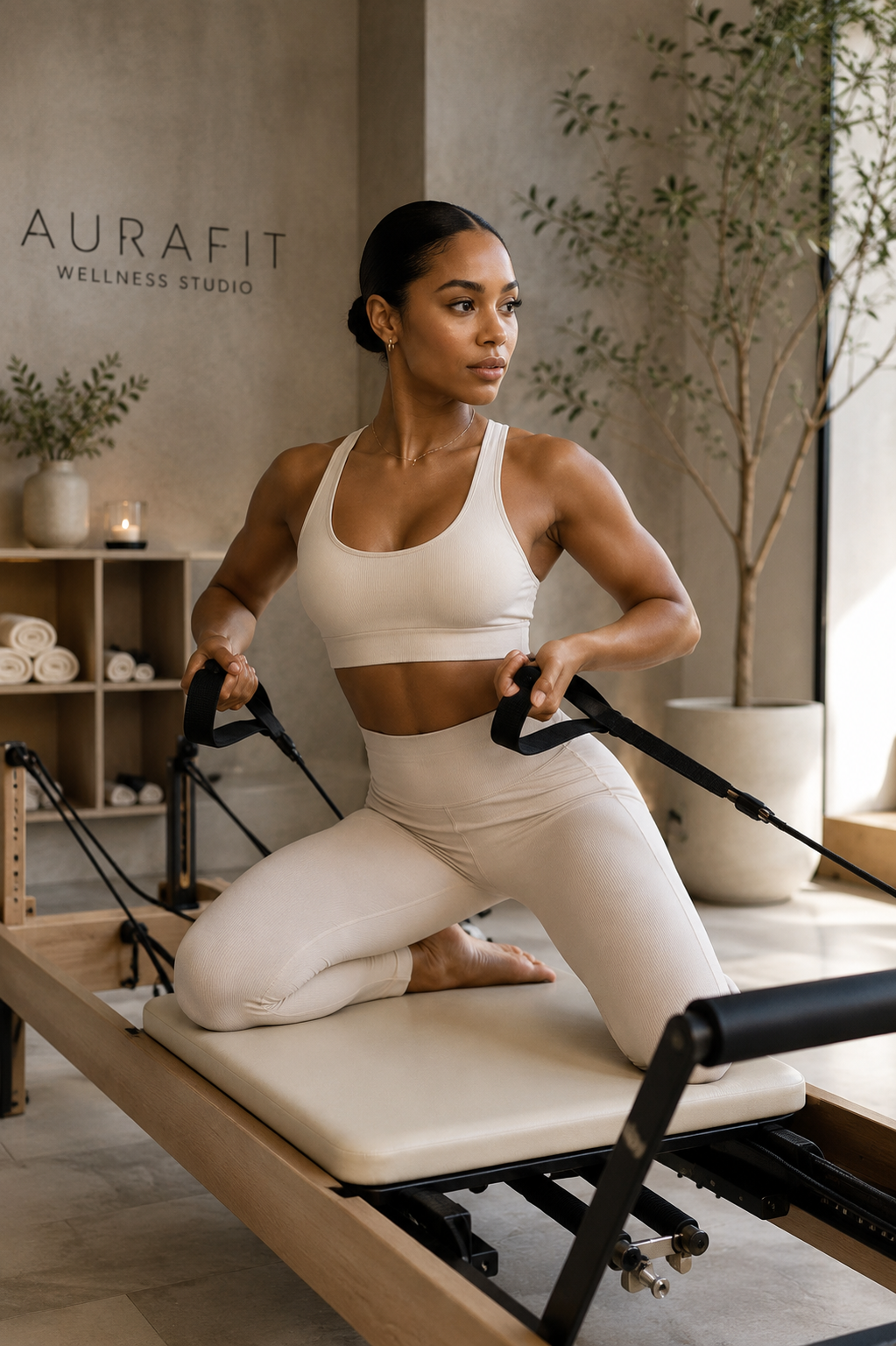 Naomi Vale on Pilates reformer equipment inside AuraFit Wellness Studio