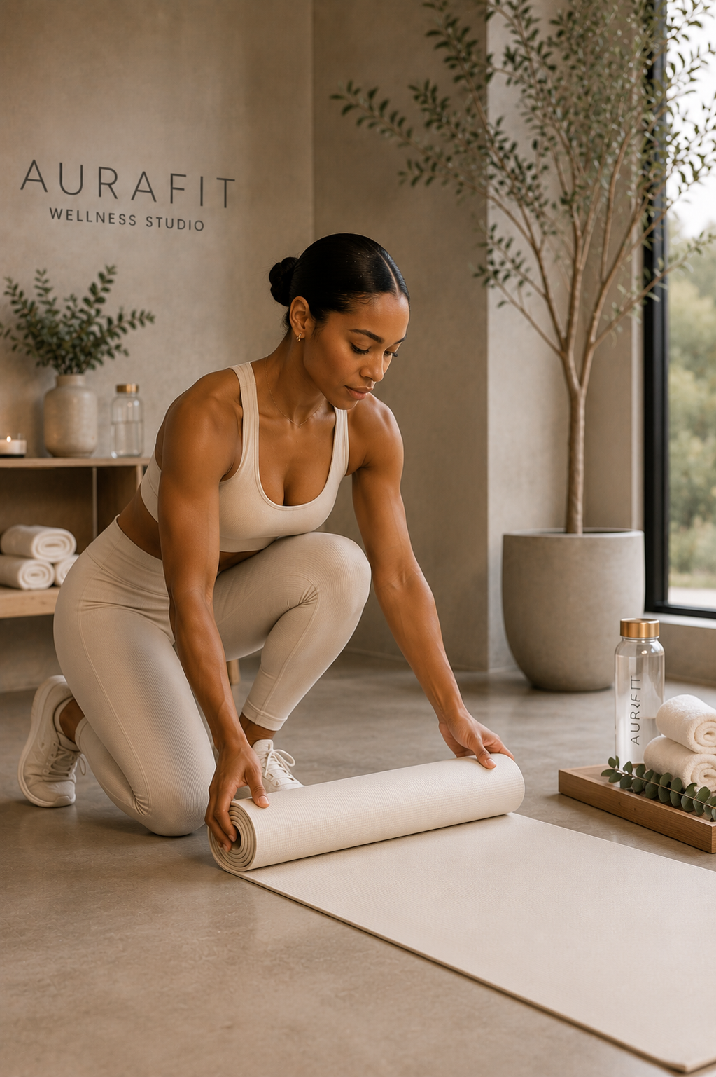 Naomi Vale rolling out a cream exercise mat beside AuraFit studio props