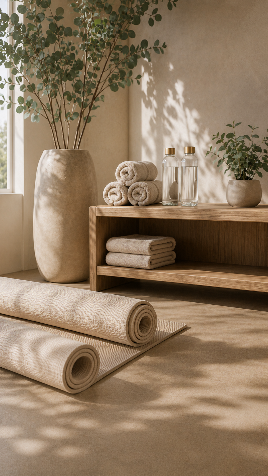 AuraFit wellness studio details with yoga mats, towels, eucalyptus, and water bottles