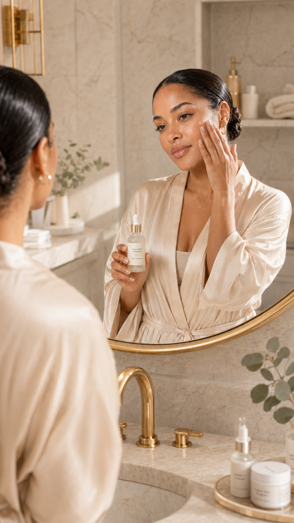 Maya Ellis applying skincare while holding Lumus Glow Serum