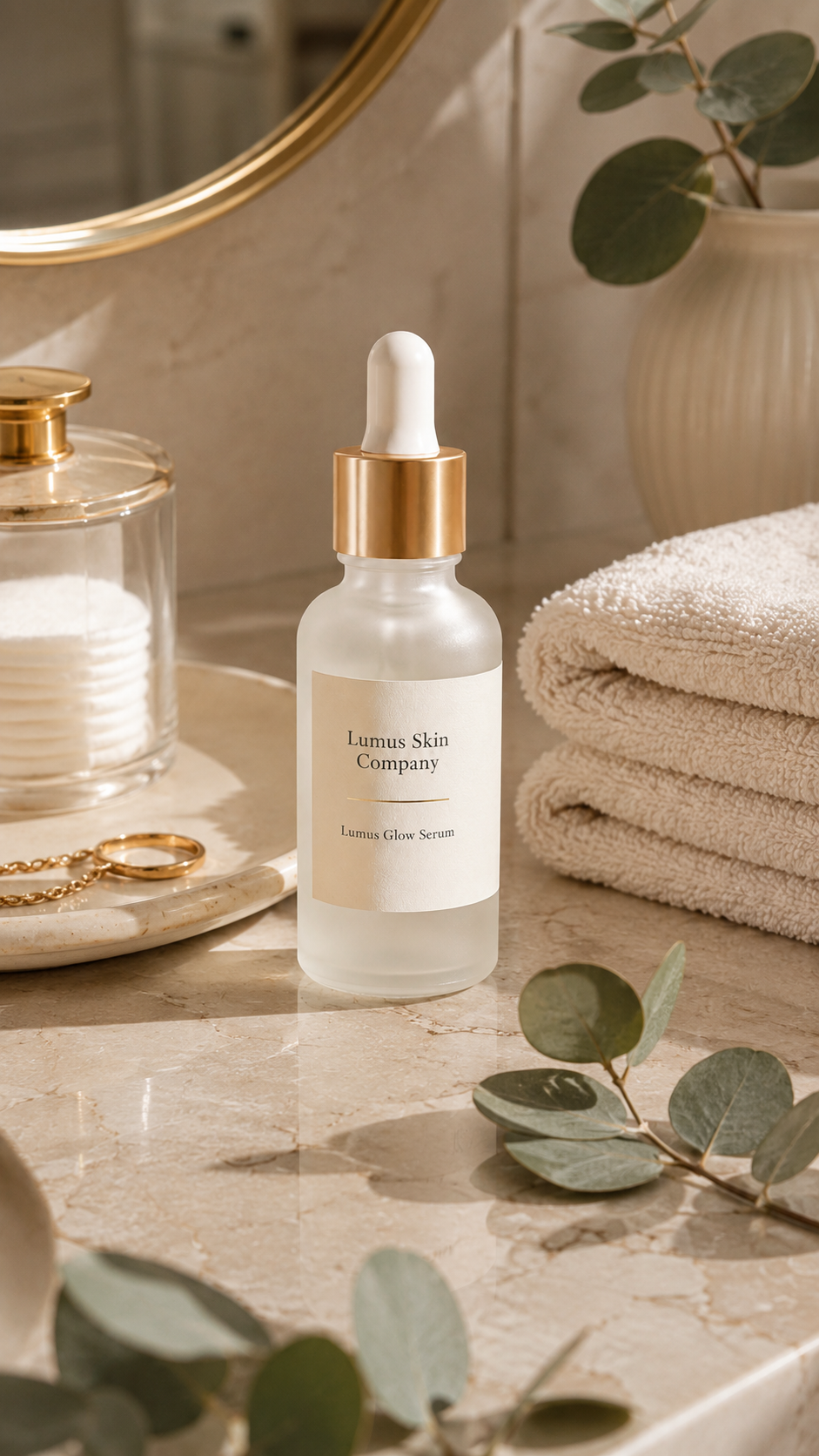Lumus Glow Serum styled beside towels and eucalyptus