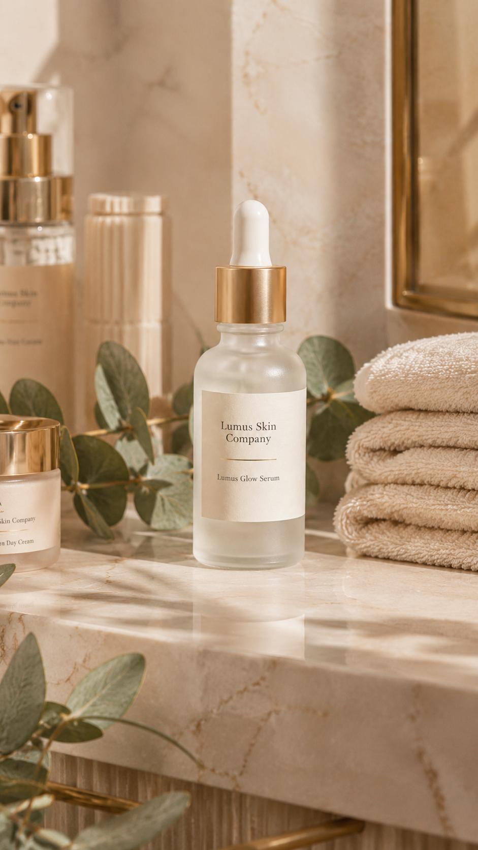 Lumus Glow Serum product visual on a marble bathroom counter