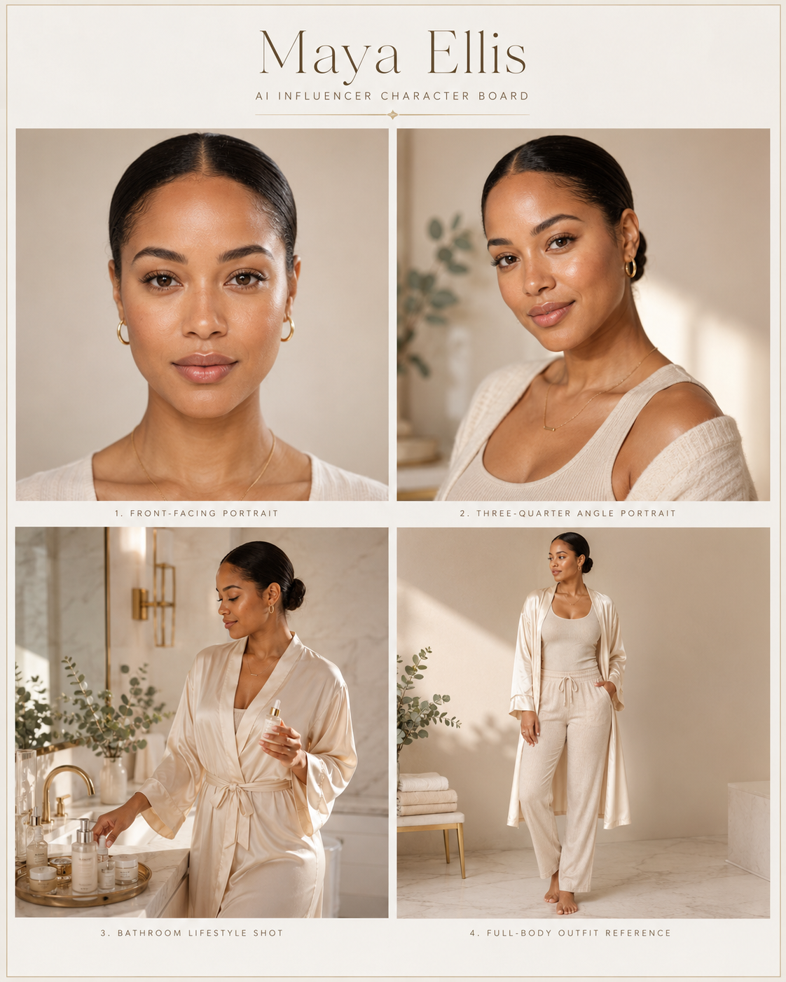 Maya Ellis AI influencer character board