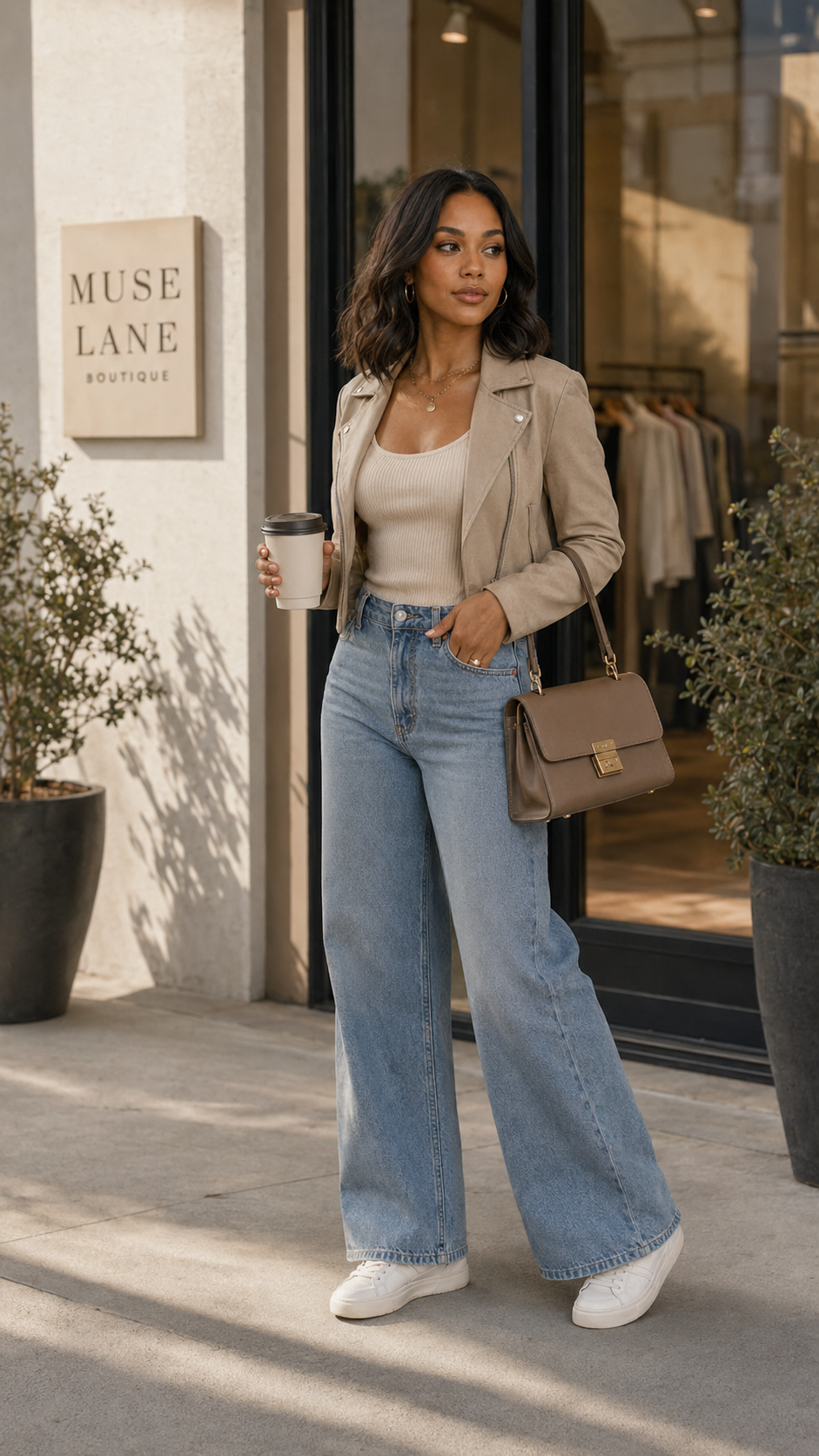 Sasha Lane standing outside Muse Lane Boutique with coffee and handbag