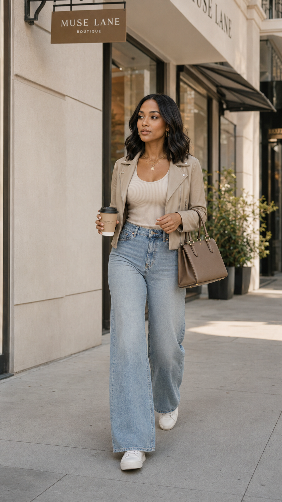 Sasha Lane walking near Muse Lane Boutique with a coffee and handbag