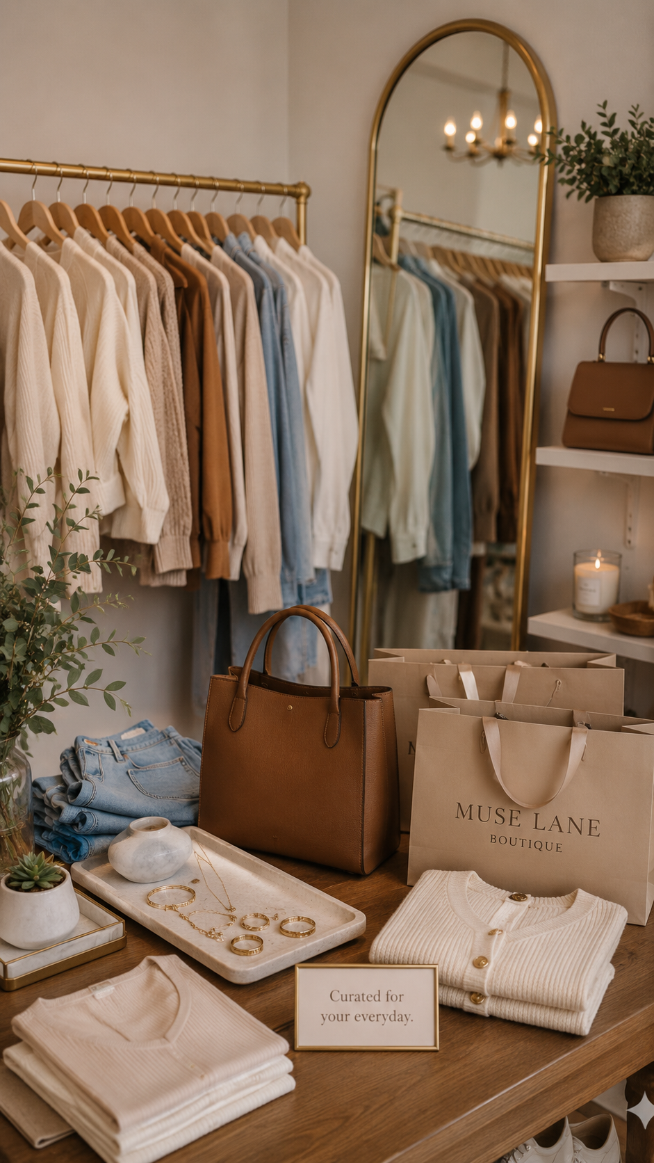 Muse Lane Boutique styling table with clothes, handbag, jewelry, and branded shopping bags