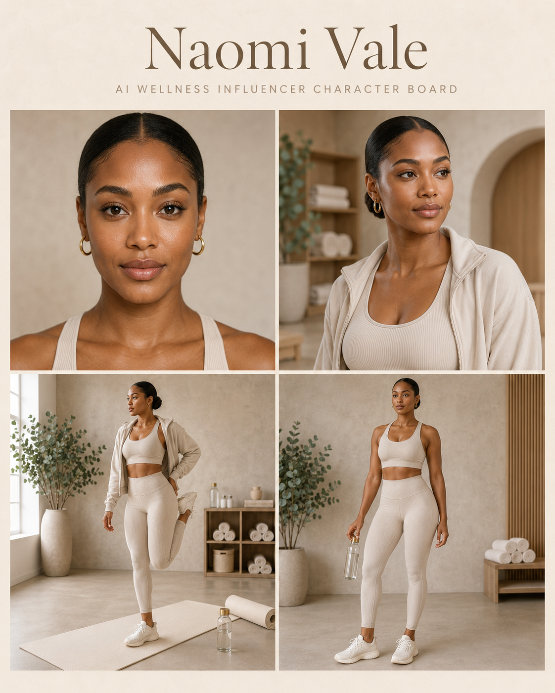 Naomi Vale AI wellness influencer character board
