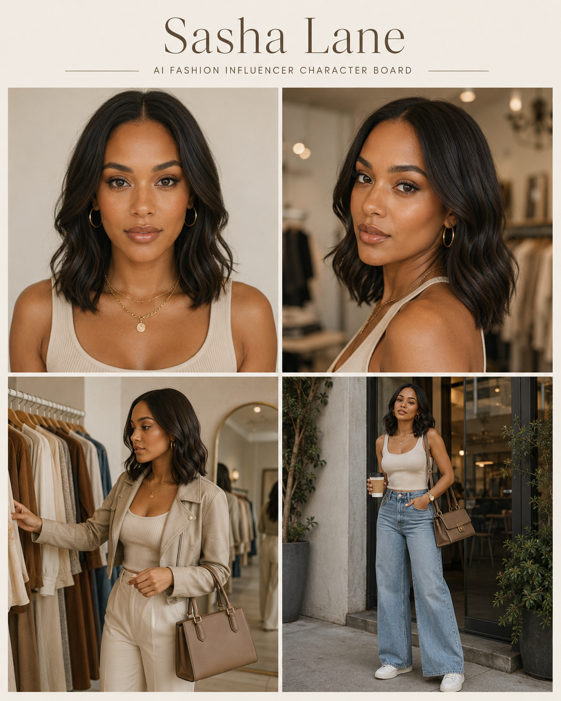 Sasha Lane AI fashion influencer character board