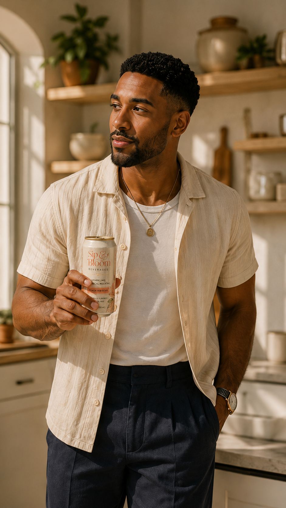 Malik Brooks holding a Sip & Bloom botanical drink in a warm café setting