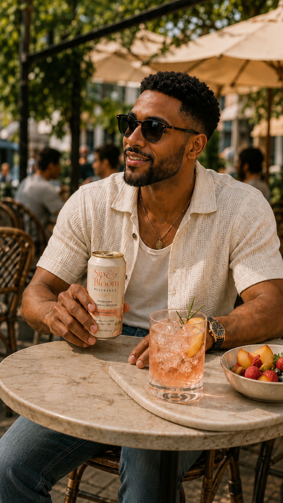 Sip & Bloom product styled beside dried florals, herbs, and warm textures