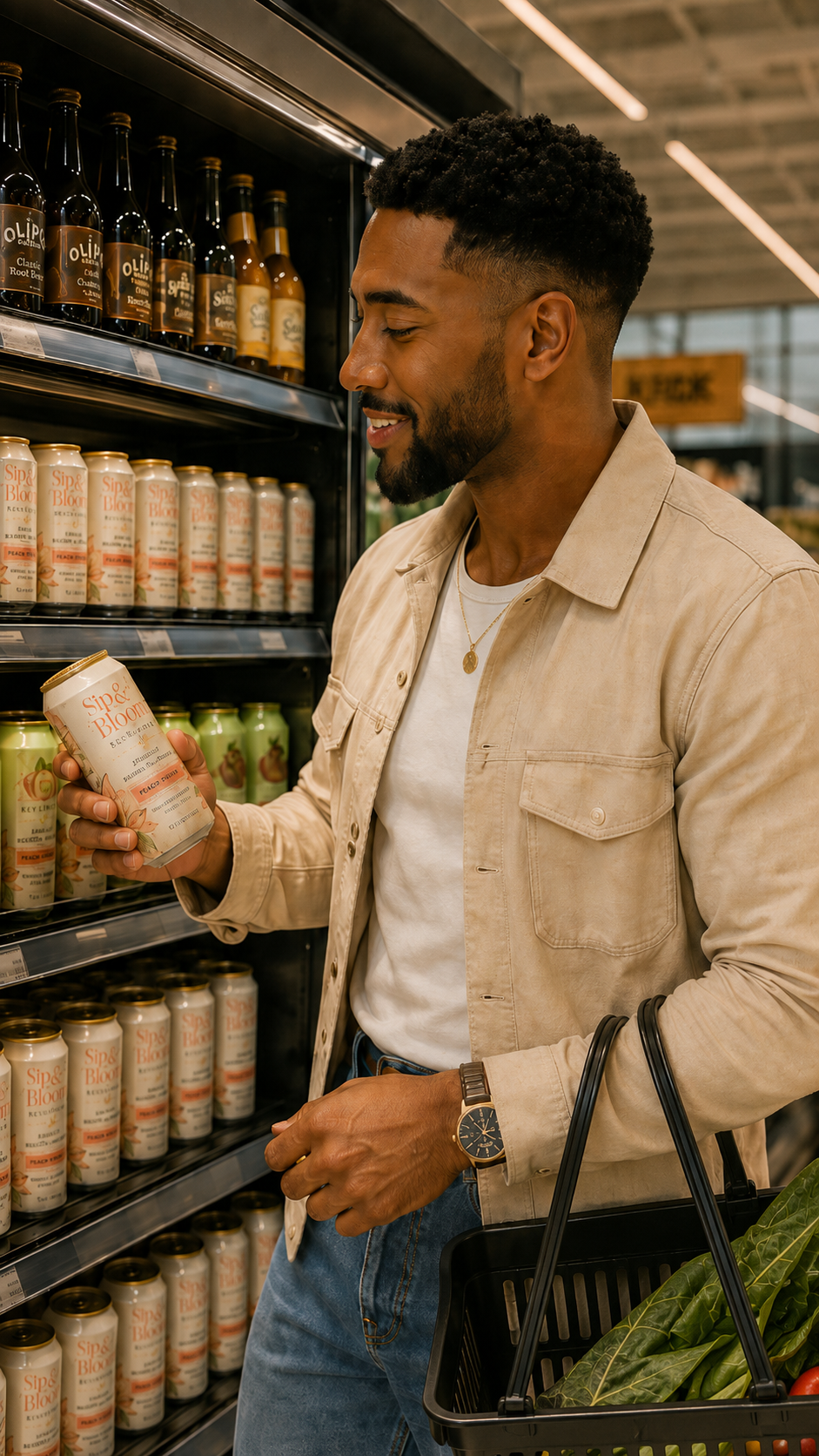 Close-up of Malik Brooks holding a Sip & Bloom glass with fresh botanicals
