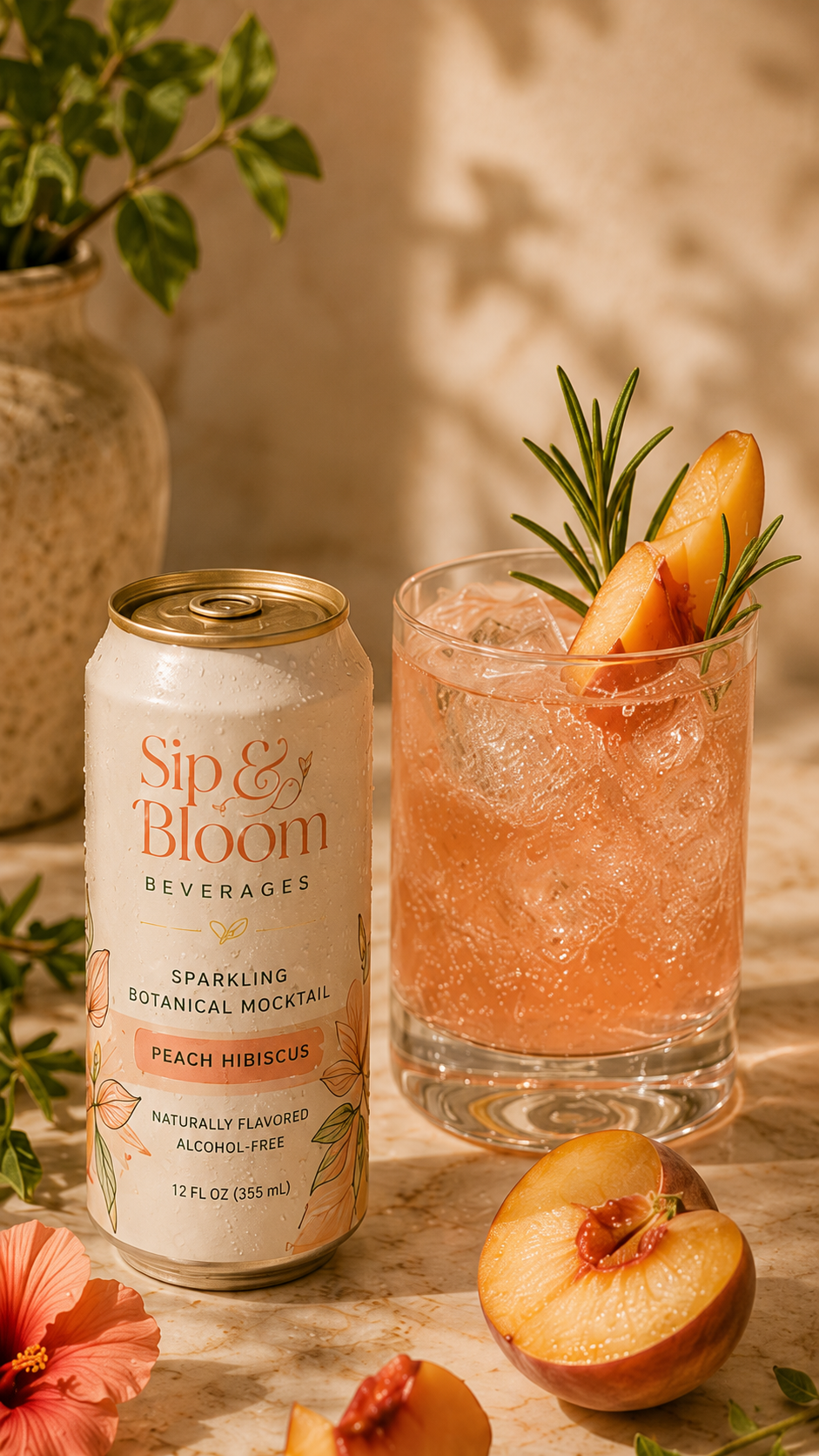 Sip & Bloom product flatlay with botanical ingredients, florals, and brand packaging